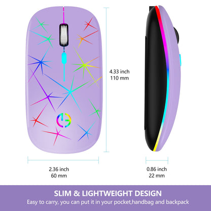 TaIYanG Wireless Mouse - 2.4G Optical Quiet RGB, USB Receiver & Type C Adapter, 3 DPI Levels, Purple, Portable for Laptop & PC