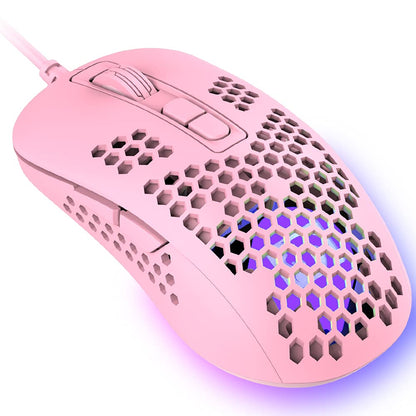 KUIYN Ultralight Wired Gaming Mouse - Honeycomb Shell, 4 RGB Lighting, 4 Adjustable DPI, Pink
