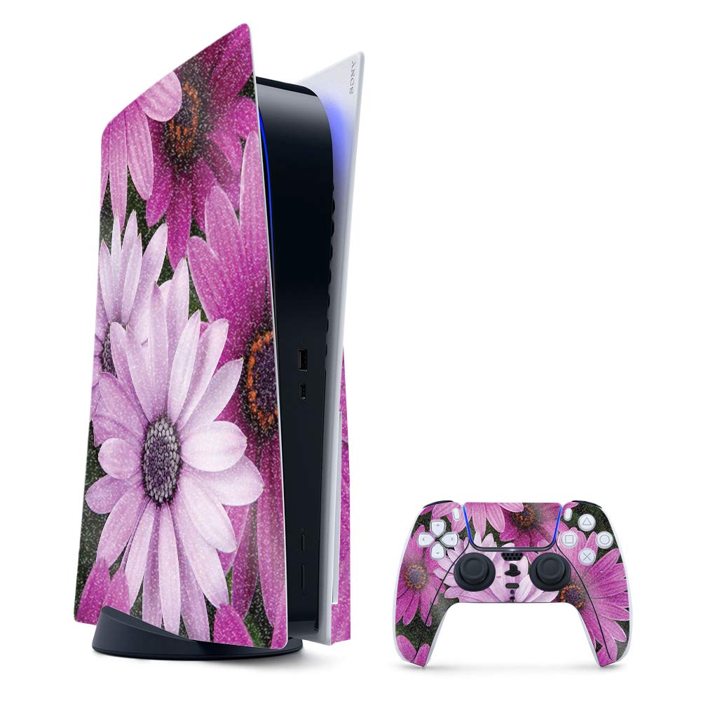 MightySkins Glossy Glitter Gaming Skin for PS5 / PlayStation 5 Bundle - Purple Flowers | Durable High-Gloss Glitter Finish | Easy to Apply and Change Style | Made in The USA