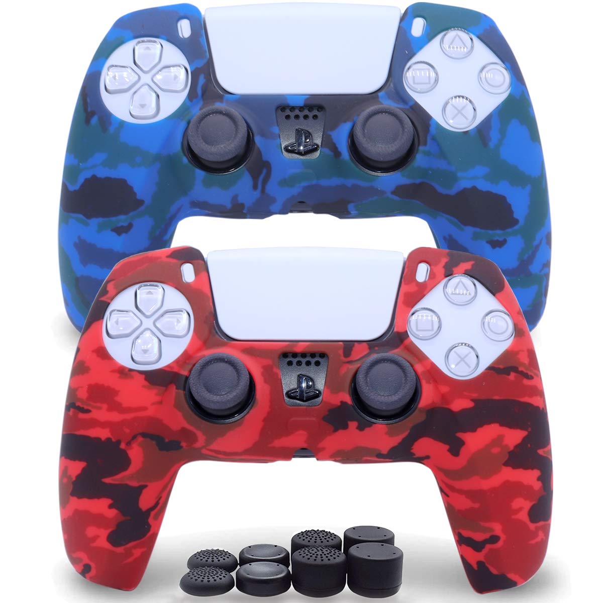 Sofunii PS5 Controller Skins - Camo Anti-Slip Cover Case with 8 Thumb Grips, Blue & Red, Fits Sony PlayStation 5