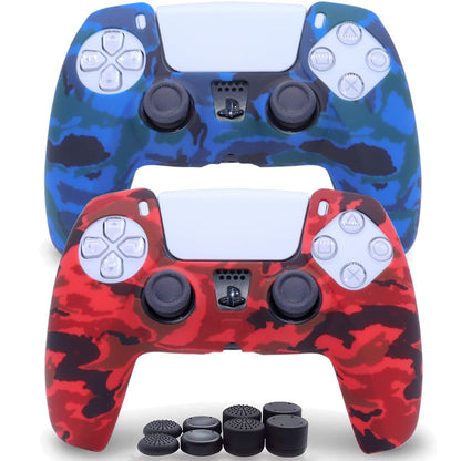 Sofunii PS5 Controller Skins - Camo Anti-Slip Cover Case with 8 Thumb Grips, Blue & Red, Fits Sony PlayStation 5