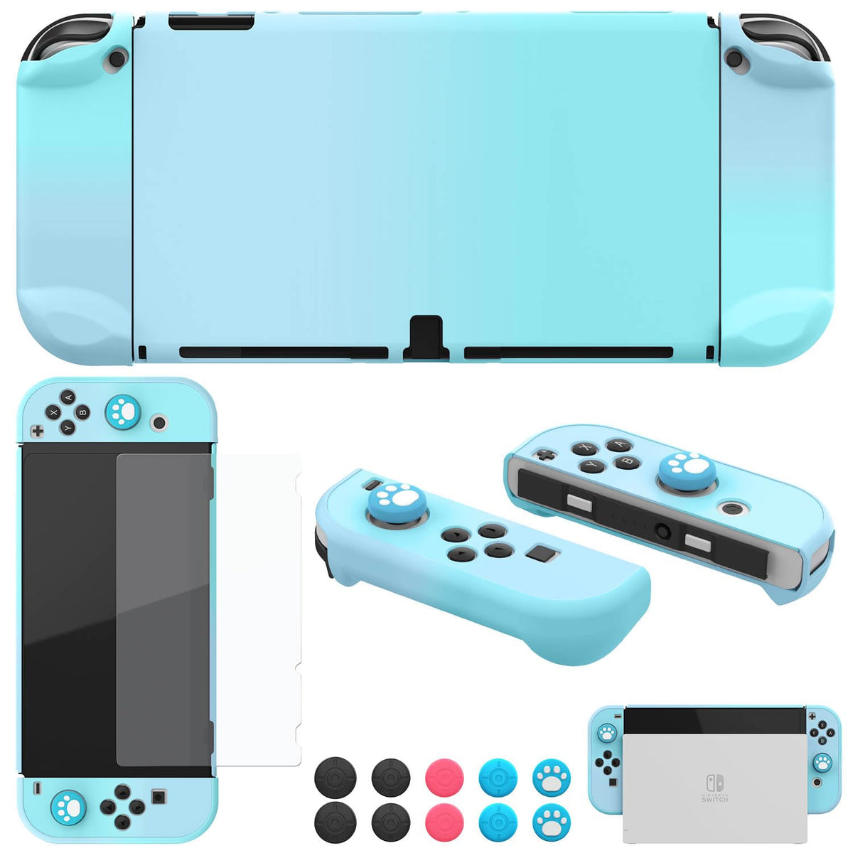 COMCOOL Dockable Case for Nintendo Switch OLED - [9 FT Military Grade Drop Protection] [with Tempered Glass Screen Protector and Thumb Grips] Protective Cover for Nintendo Switch OLED - Cyan Blue