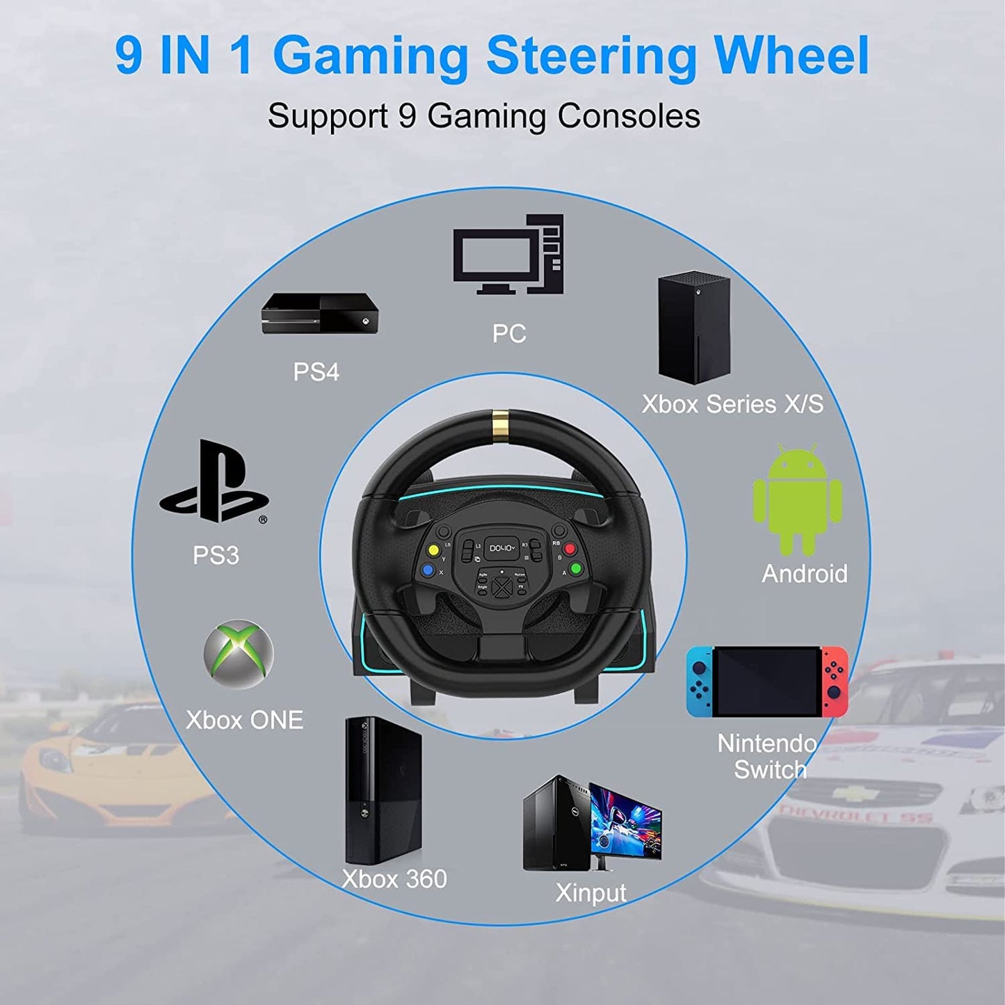 NBCP Racing Wheel - 1080° Gaming Steering Wheel with Pedals & Shifters for Xbox, PS4, PC - Black, 9-In-1 Compatibility