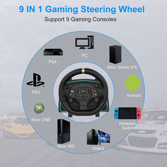 NBCP Racing Wheel - 1080° Gaming Steering Wheel with Pedals & Shifters for Xbox, PS4, PC - Black, 9-In-1 Compatibility