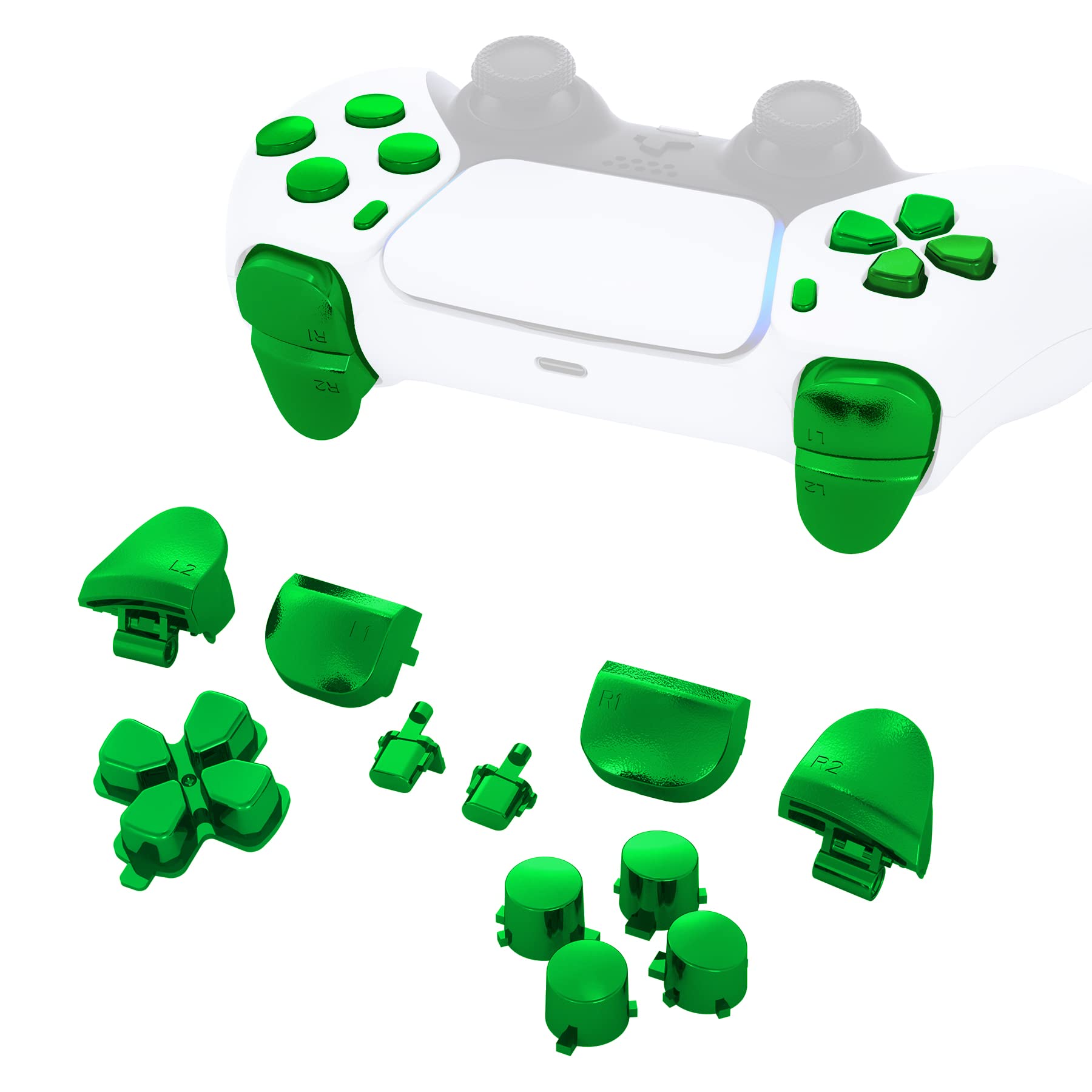 eXtremeRate Replacement D-pad R1 L1 R2 L2 Triggers Share Options Face Buttons  Chrome Green Full Set Buttons Compatible with ps5 Controller BDM-010 & BDM-020