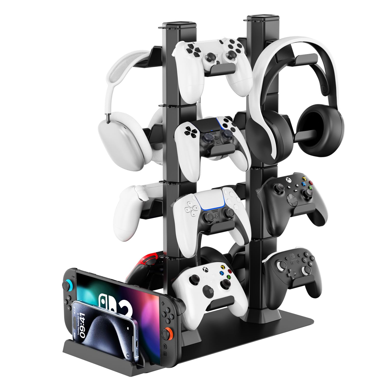 Headphone and Game Controller Desk Stand for PS5/ Xbox/ PS4 Controller  4 Tiers Headset Hanger with Organizer for Switch 2/1/PS Portal Game Console  16 Hooks Multiple Controller Storage Dispay Rack