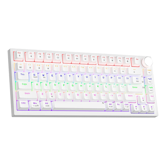 Newmen GM326 75% Percent Mechanical Keyboard Wired Mini Backlit Hot Swappable Gaming Mechanical Keyboard with Knob 82 Keys Anti-Ghosting Compact White Gaming Keyboard for PC Win Mac Red Switch