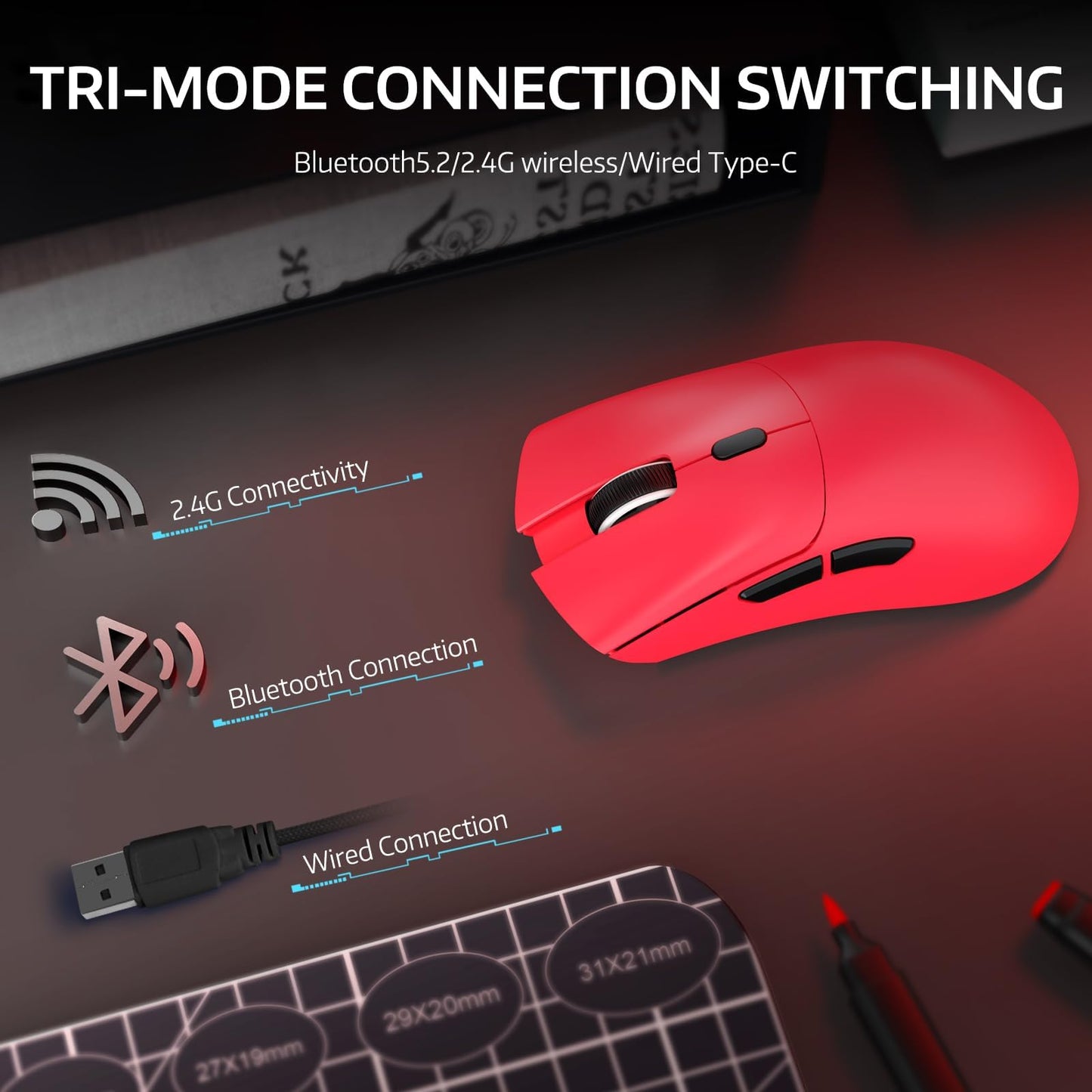 ATTACK SHARK R1 Wireless Gaming Mouse - Tri-Mode (2.4G/Wired/BT5.2), 18K DPI, 55g Lightweight, Ergonomic, Red