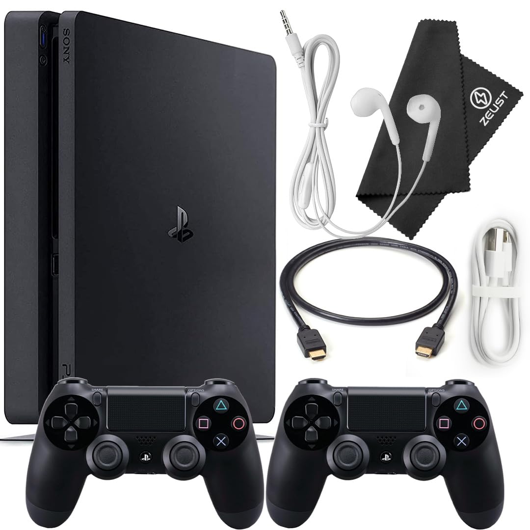 Zeust PlayStation 4 Slim 1TB Console Bundle - Includes the PS4 Console Slim 1TB  2 Dualshock 4 Wireless Controllers  MicroUSB Charging Cable  HDMI cable  Wired Earbuds and Microfiber Cloth (Renewed)