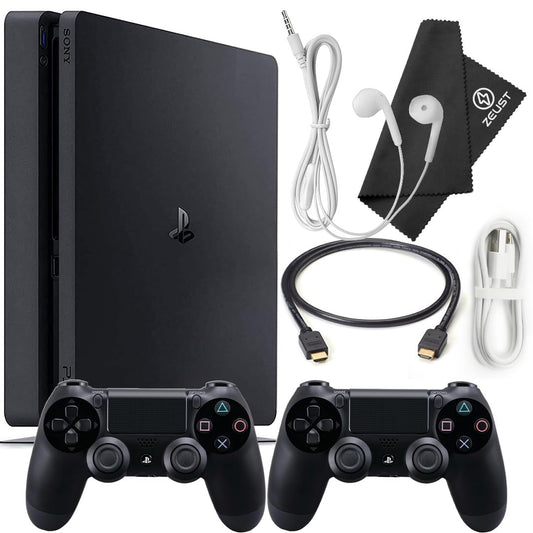 Zeust PlayStation 4 Slim 1TB Console Bundle - Includes the PS4 Console Slim 1TB  2 Dualshock 4 Wireless Controllers  MicroUSB Charging Cable  HDMI cable  Wired Earbuds and Microfiber Cloth (Renewed)