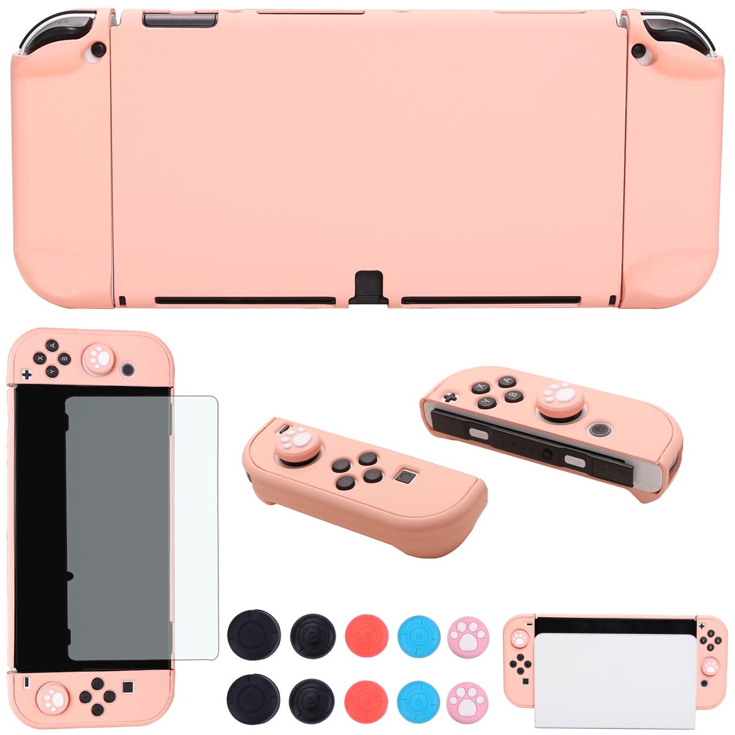 COMCOOL Dockable Case for Nintendo Switch Oled - [9 FT Military Grade Drop Protection] [with Tempered Glass Screen Protector and Thumb Grips] for Girls Boys Kids - Pink