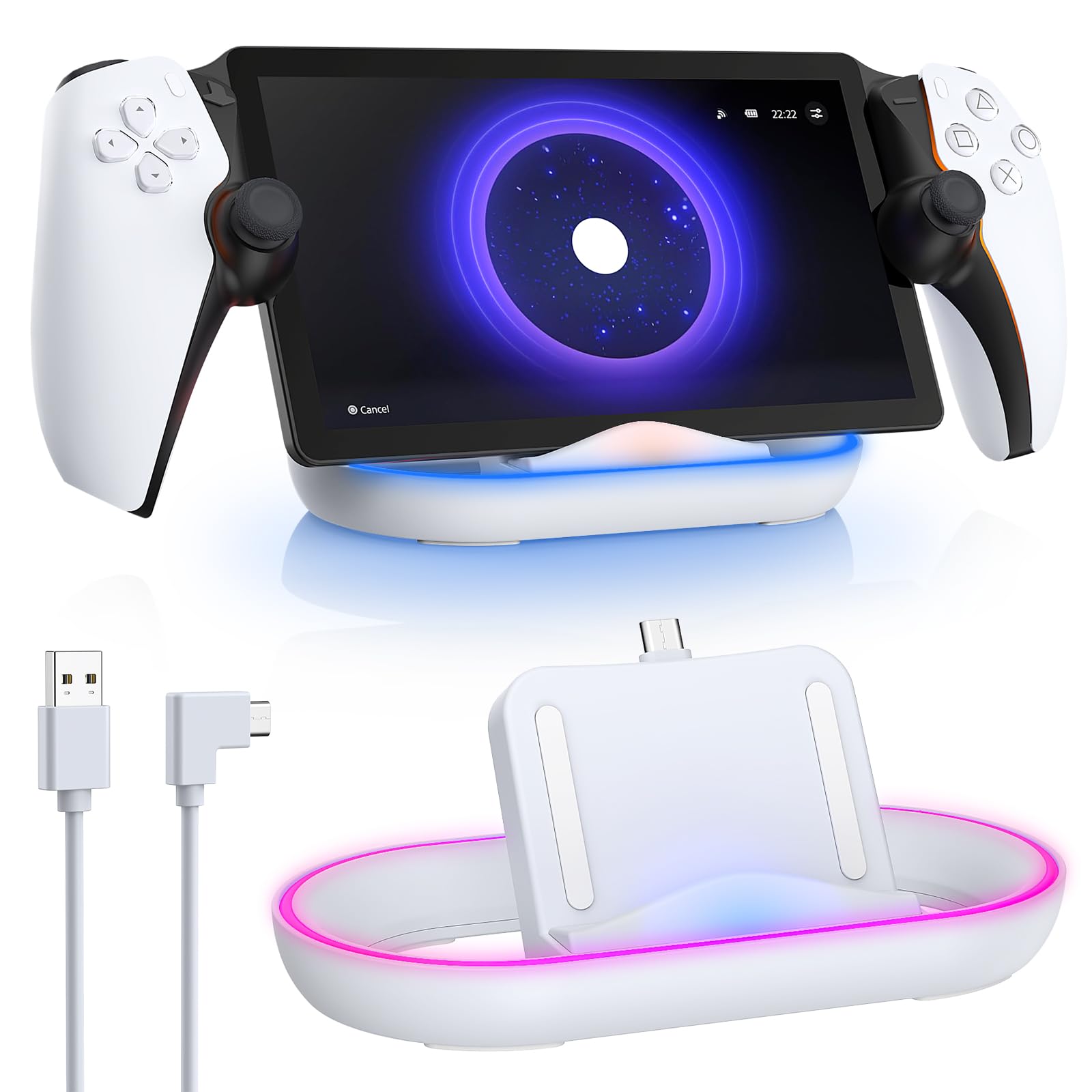 FYOUNG Charging Dock Station for PlayStation Portal, USB-C Charger Stand, White, Model PSP8W, with Colorful Lights