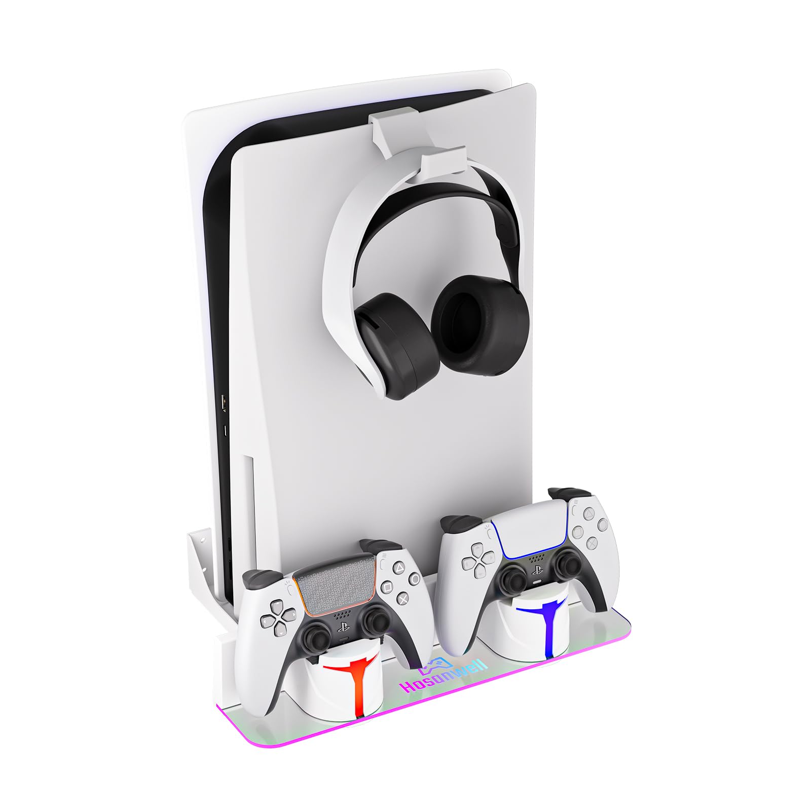 Hosanwell PS5 Wall Mount Kit with Charging Station  Compatible with PS5 and PS5 Slim Disc & Digital Version  Dual Use Charging Station with Multi-Mode RGB Light  White