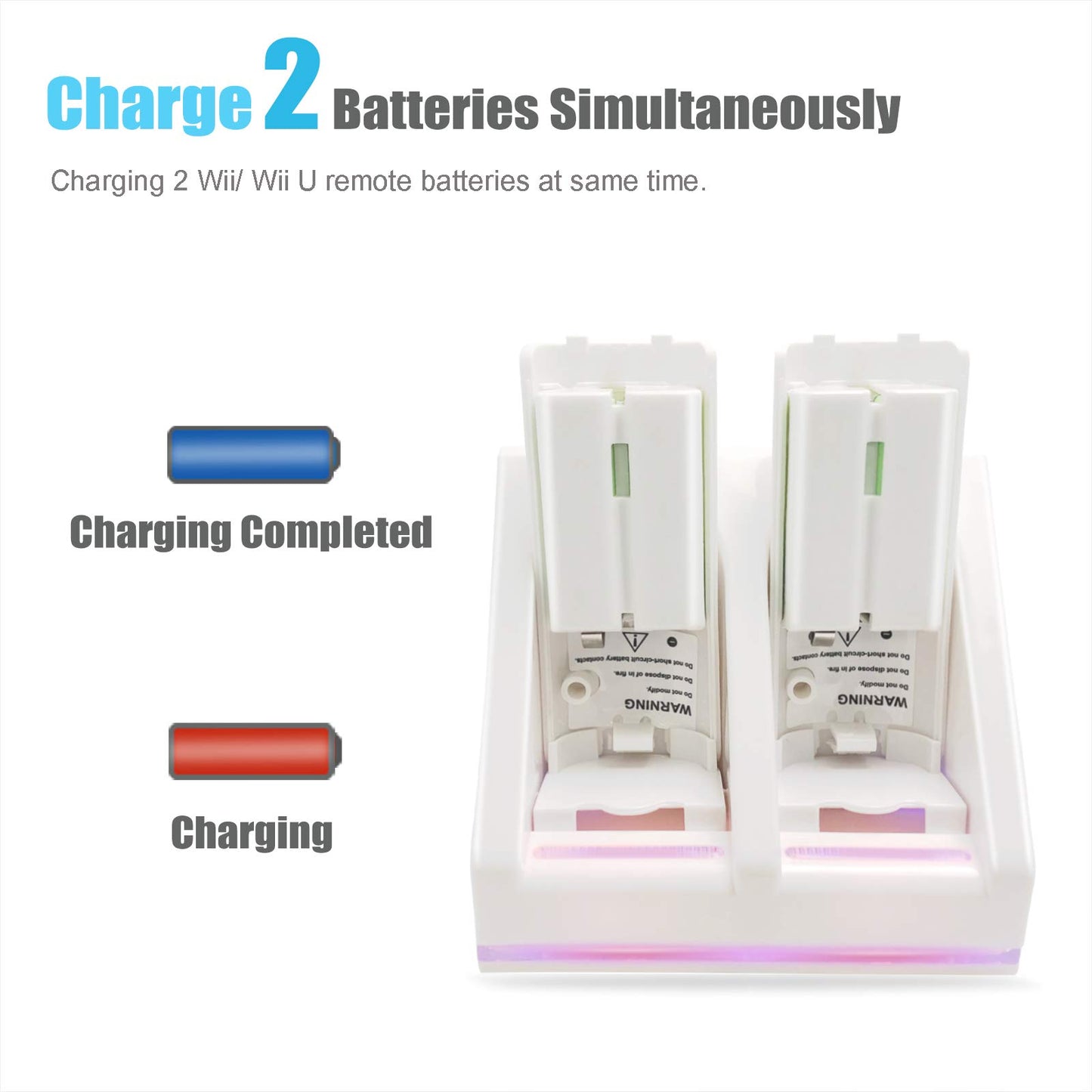 NATNO Rechargeable Battery Packs with Charger for Wii & Wii U - Dual Remote Dock + 2x 2800mAh Batteries + USB Cable