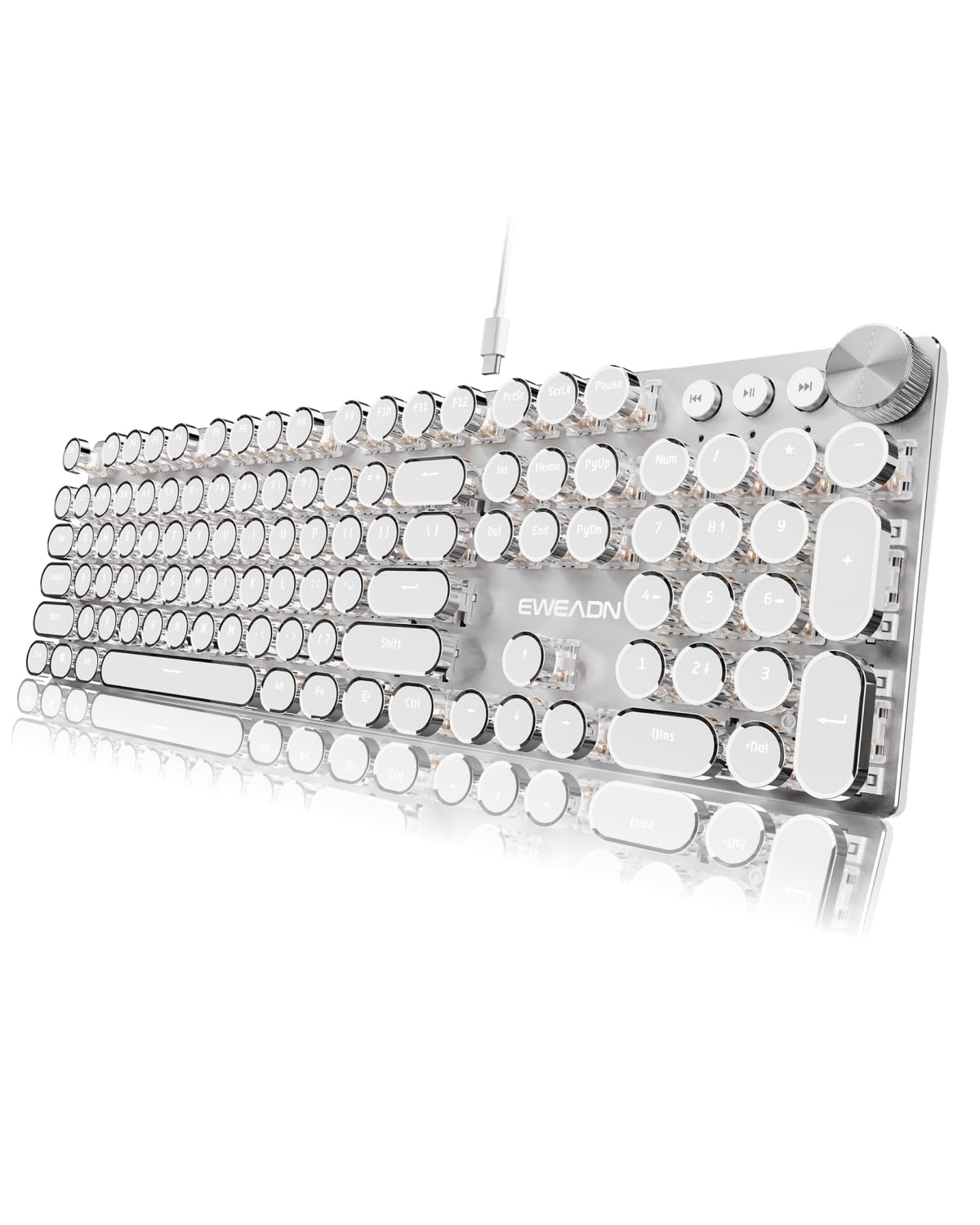 EWEADN Typewriter Style Mechanical Keyboard  Wired Typewriter Keyboards 104 Keys Backlit LED Metal Keyboards  Media Control Knob  Wired Computer Keyboard White Switch for Windows/Mac/PC-White