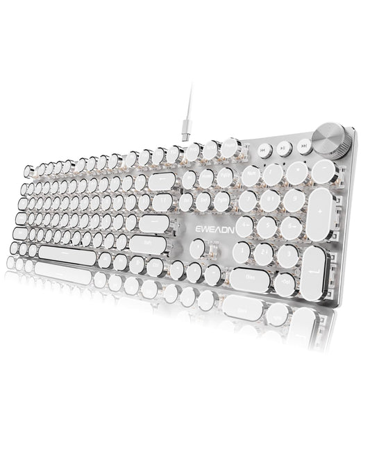EWEADN Typewriter Style Mechanical Keyboard  Wired Typewriter Keyboards 104 Keys Backlit LED Metal Keyboards  Media Control Knob  Wired Computer Keyboard White Switch for Windows/Mac/PC-White
