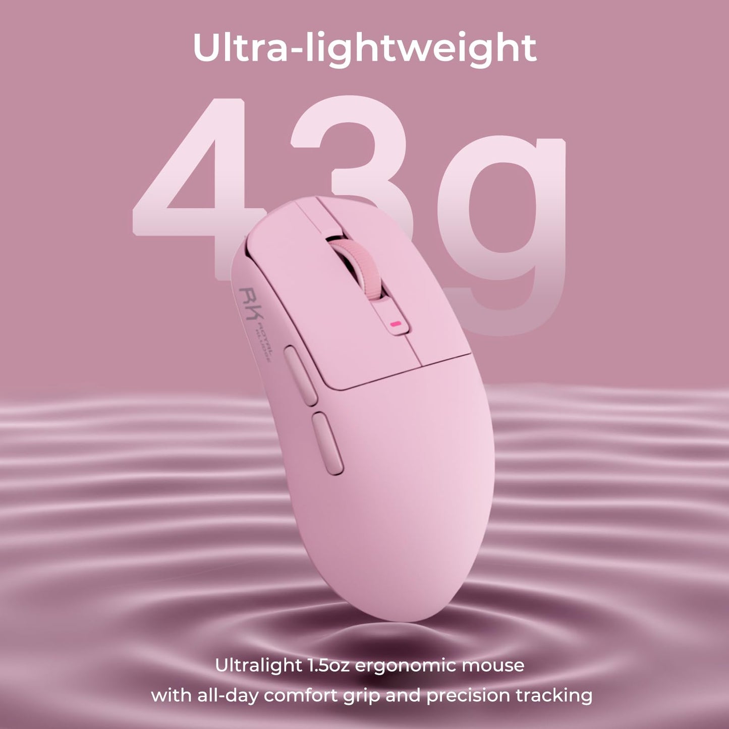 RK ROYAL KLUDGE RK M30 Wireless Gaming Mouse - 24000 DPI, Ultra-Lightweight 43g, Pink, 5 Programmable Buttons, 2.4G/Bluetooth/
