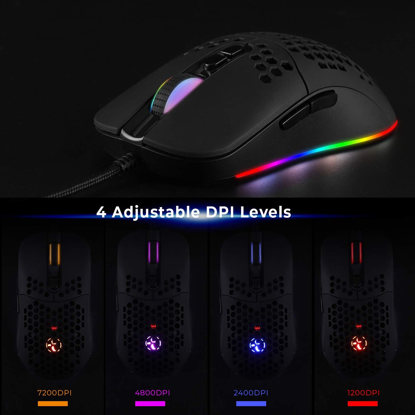 HXMJ Wired USB C Gaming Mouse, 7200 DPI, 5 RGB Lights, Lightweight Honeycomb Shell, Black, Model M02