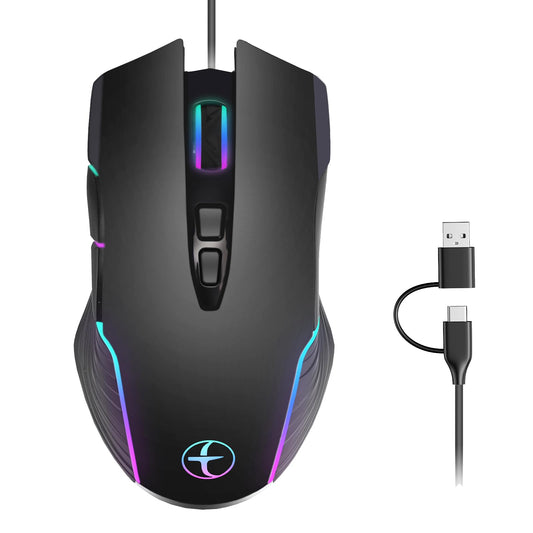 Dual USB-C/USB-A Interface Mouse, Wired Gaming Mouse with RGB Backlit, Moving Mouse Jiggler, 4 Adjustable DPI for MacBook, Chrom