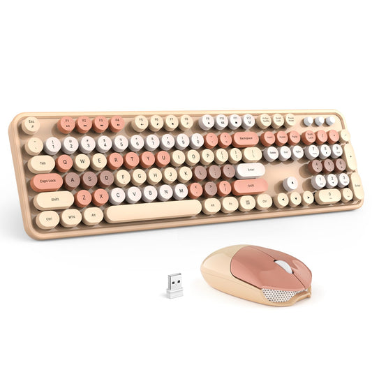 Wireless Keyboard and Mouse Combo - GEEZER Coffee Full-Sized Colorful Keyboard 104 Keys - USB 2.4 G Receiver Plug and Play with Round Keycap Typewriter Keyboards  for Windows  PC  Laptop  Desktop