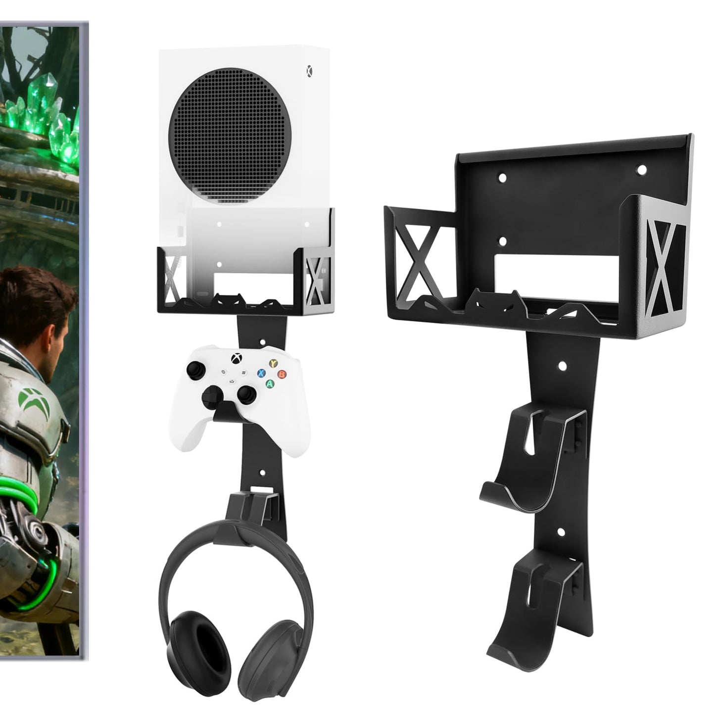 BracNova Wall Mount Kit for Xbox Series S - Steel Mount with Detachable Controller Holder & Headphone Stand - Black, Model BS01-202309-002