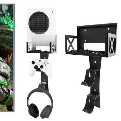 BracNova Wall Mount Kit for Xbox Series S - Steel Mount with Detachable Controller Holder & Headphone Stand - Black, Model BS01-202309-002