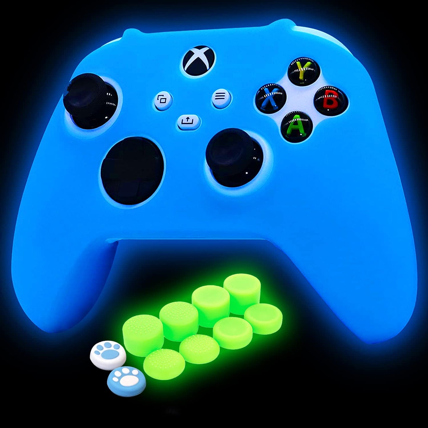 HLRAO Blue Silicone Cover for Xbox Series X/S Controller - Glow in the Dark, Anti-Slip, Soft Rubber Case + 8 Thumb Grips & 2 Cat Paw Caps