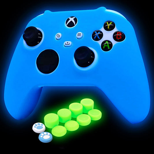 HLRAO Blue Silicone Cover for Xbox Series X/S Controller - Glow in the Dark, Anti-Slip, Soft Rubber Case + 8 Thumb Grips & 2 Cat Paw Caps