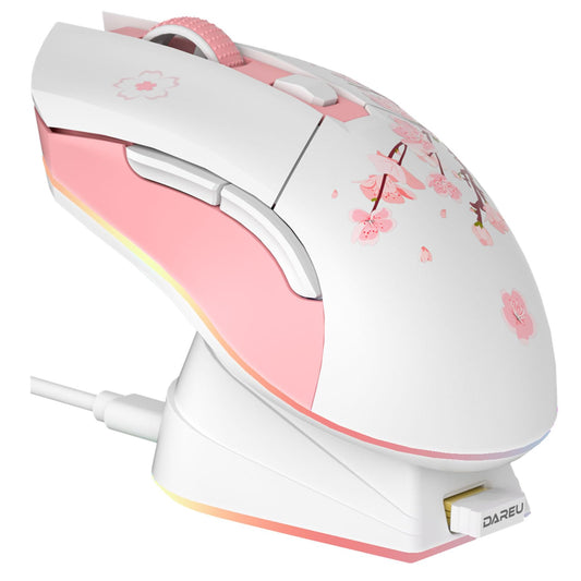 DAREU Sakura Pink Wireless Gaming Mouse with Charging Dock Rechargeable RGB 12K DPI 6 Programmable Buttons High-Precision Sensor [300IPS] [1000Hz] for PC Notebook Mac