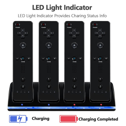 XiQiDianr 4-in-1 Charger Station for Wii & Wii U - Includes 4 Rechargeable 2800mAh Batteries, USB Cable, Black