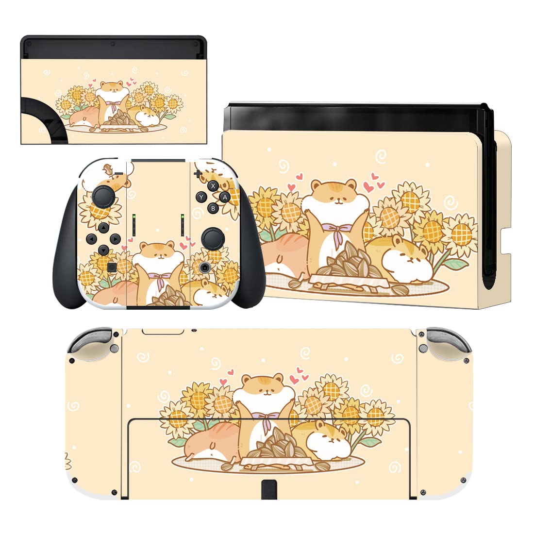 PlayVital Full Set Protective Stickers for Nintendo Switch OLED Model  Customized Vinyl Decal Skins for Switch OLED Console & Joycon & Dock & Grip - Hamster & Sunflower