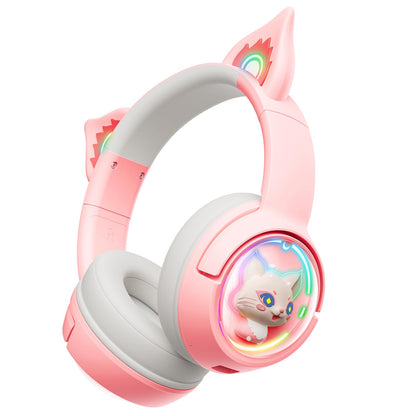 PHNIXGAM Cute Cat Bluetooth Headphones, Wireless/Wired, RGB LED Light, For Kids & Adults, Pink, Model B5