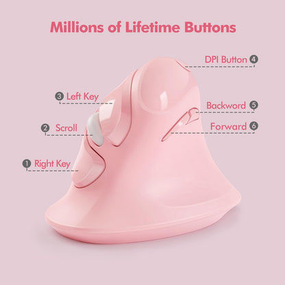 MICROPACK Ergonomic Vertical Wireless Mouse - 6 Buttons, 800/1200/1600 DPI, Medium Size, Pink & Type-C Receiver
