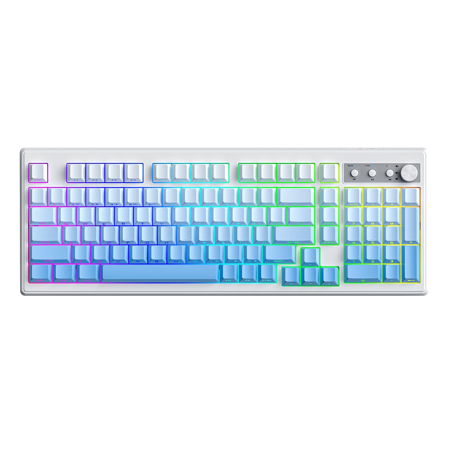 FREEWOLF K100 99 Keys Gaming Membrane Wireless Keyboard with Media Knob Tri-Mode BT/2.4GHz/USB-C Side Printed Keys RGB Backlit Retro Cute Creamy Silent Computer Keyboard for MAC PC- Gradient Blue