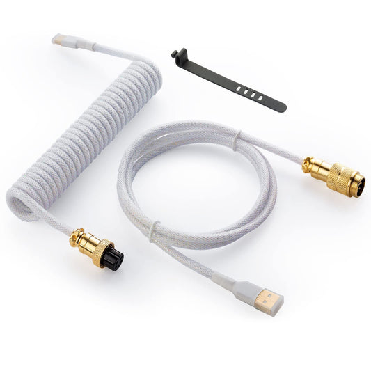 toolMJO Starlight Coiled USB C Keyboard Cable for Gaming Keyboard  Double-Sleeved Mechanical Keyboard Cable with Detachable Metal Aviator  1.5M USB-C to USB-A  White Color with Gold Aviator Connector