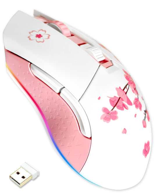 DAREU Sakura Pink Wireless Wired Gaming Mouse  Dual-Mode Rechargeable 7 Programmable Buttons 10K DPI RGB and 7 Adjustable DPI Levels up to [150IPS] [1000Hz Polling Rate] for PC Notebook Mac