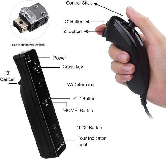 TechKen Wii Remote Controller Set - 2 Remotes with Motion Sensor Plus & 2 Nunchucks - Black & White