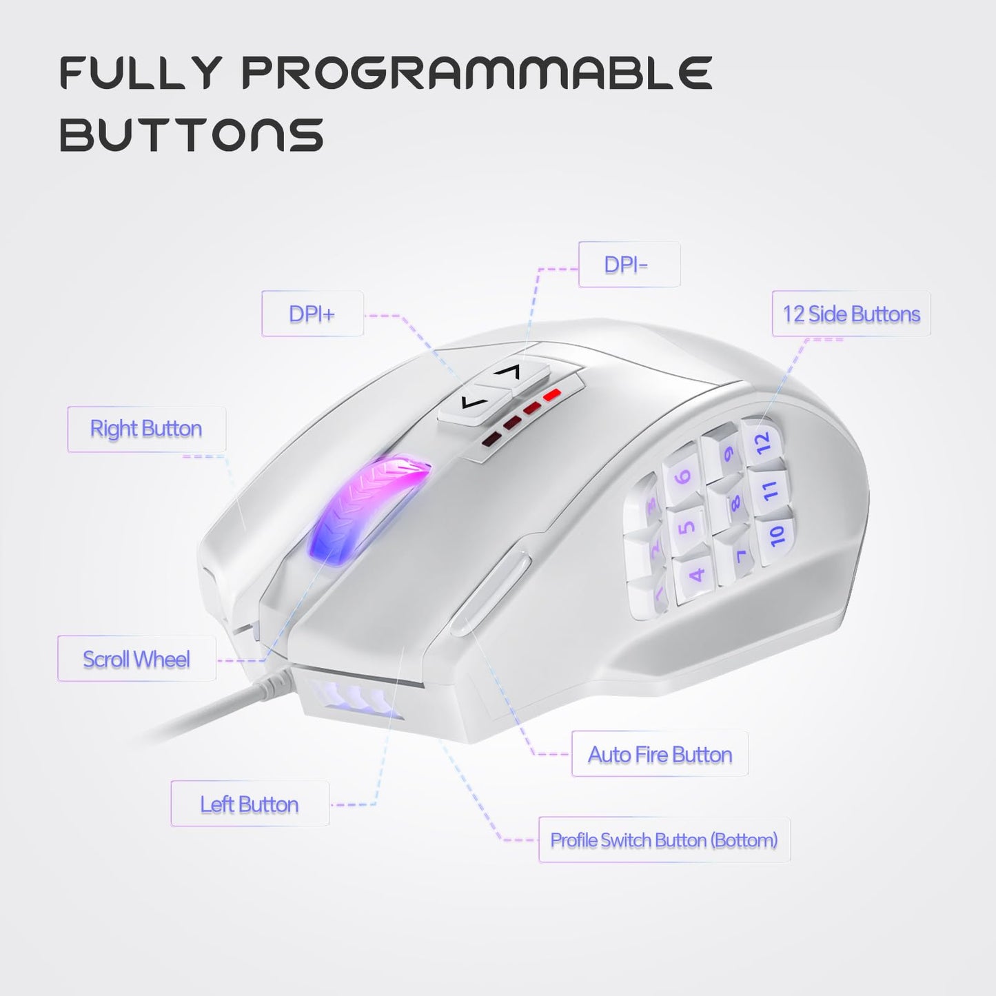UtechSmart Venus Gaming Mouse - RGB Wired, 16400 DPI, 12 Side Buttons, Medium, Cool White, Model DS-2535