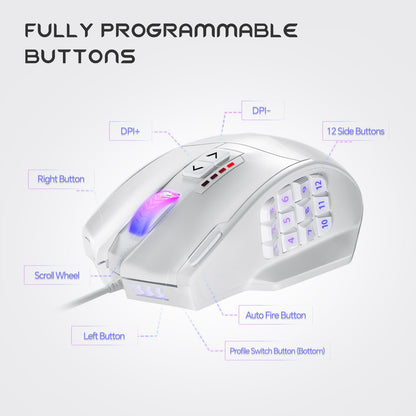 UtechSmart Venus Gaming Mouse - RGB Wired, 16400 DPI, 12 Side Buttons, Medium, Cool White, Model DS-2535
