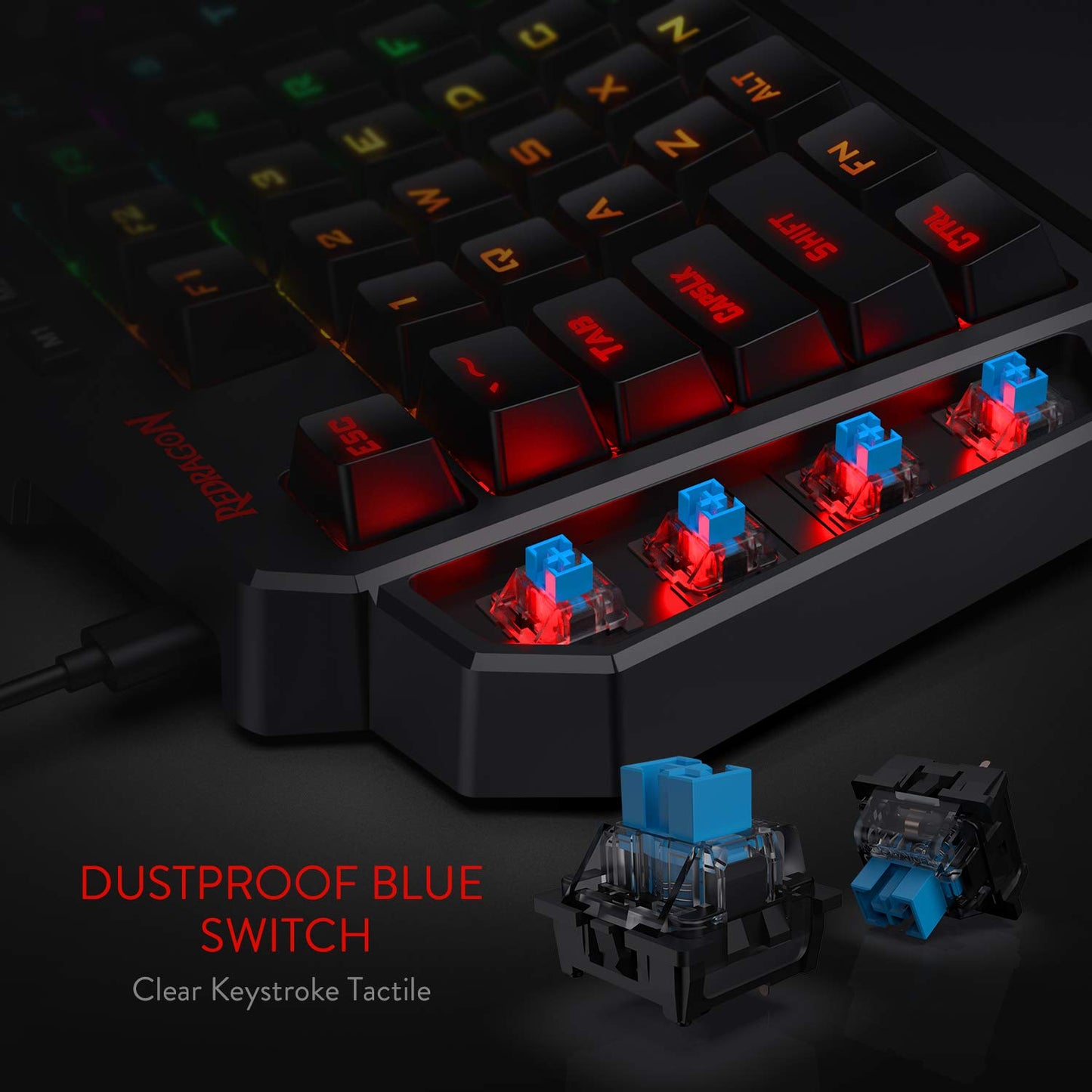 Redragon K585 DITI Wired One-Handed RGB Mechanical Gaming Keyboard, Blue Switch, 42 Keys, Black, Hot-Swappable, Detachable Wrist Rest