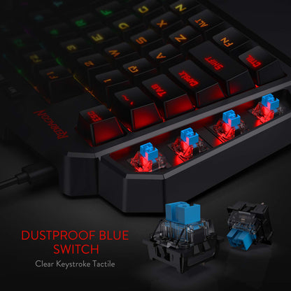Redragon K585 DITI Wired One-Handed RGB Mechanical Gaming Keyboard, Blue Switch, 42 Keys, Black, Hot-Swappable, Detachable Wrist Rest