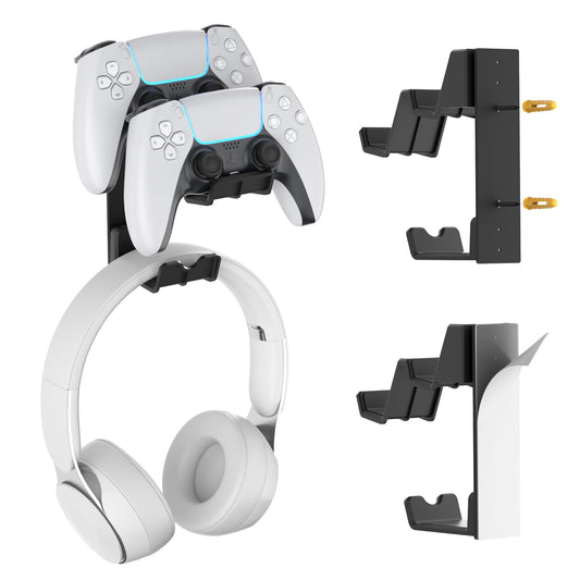 KDD Dual Controller & Headphone Holder Stand Wall Mount - Gaming Headset Hanger with Adhesive or Screws Install for Xbox Series X/S  PS5/4/3  Switch  STEAM  Universal PC Gamepad Accessories