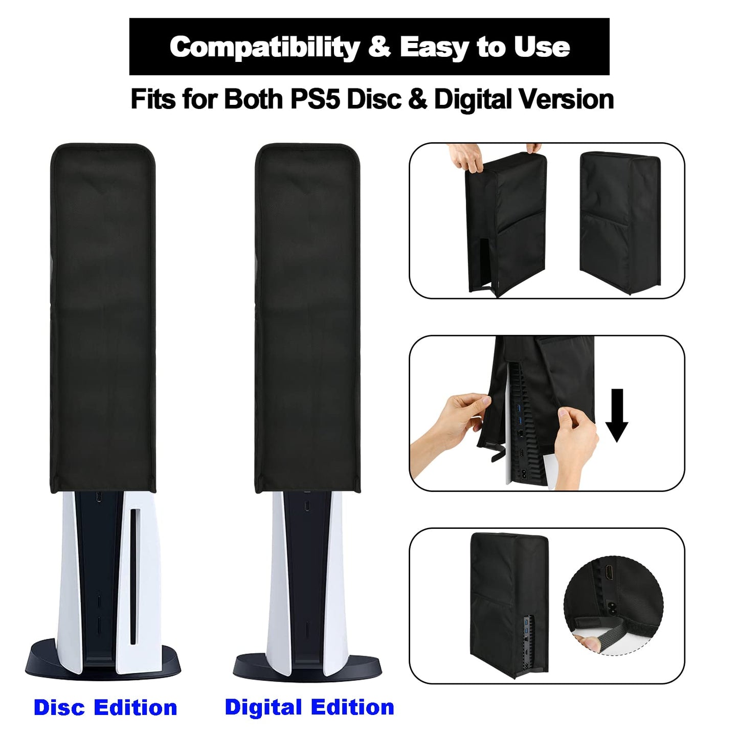 Cosmos PS5 Dust Cover - Anti Scratch & Waterproof Sleeve with Side Pockets, Black, Model GAME-DUST-COVER