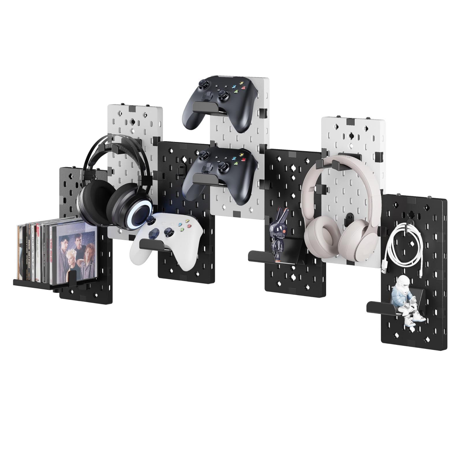 PEGZONE Controller and Headphone Holder Wall Mount  Modular Gaming Pegboard with Accessories  Controller Stand for Xbox PS5 PS4 Switch  Video Game Storage  Disc Shelf  7pcs Pegboard  Black & White