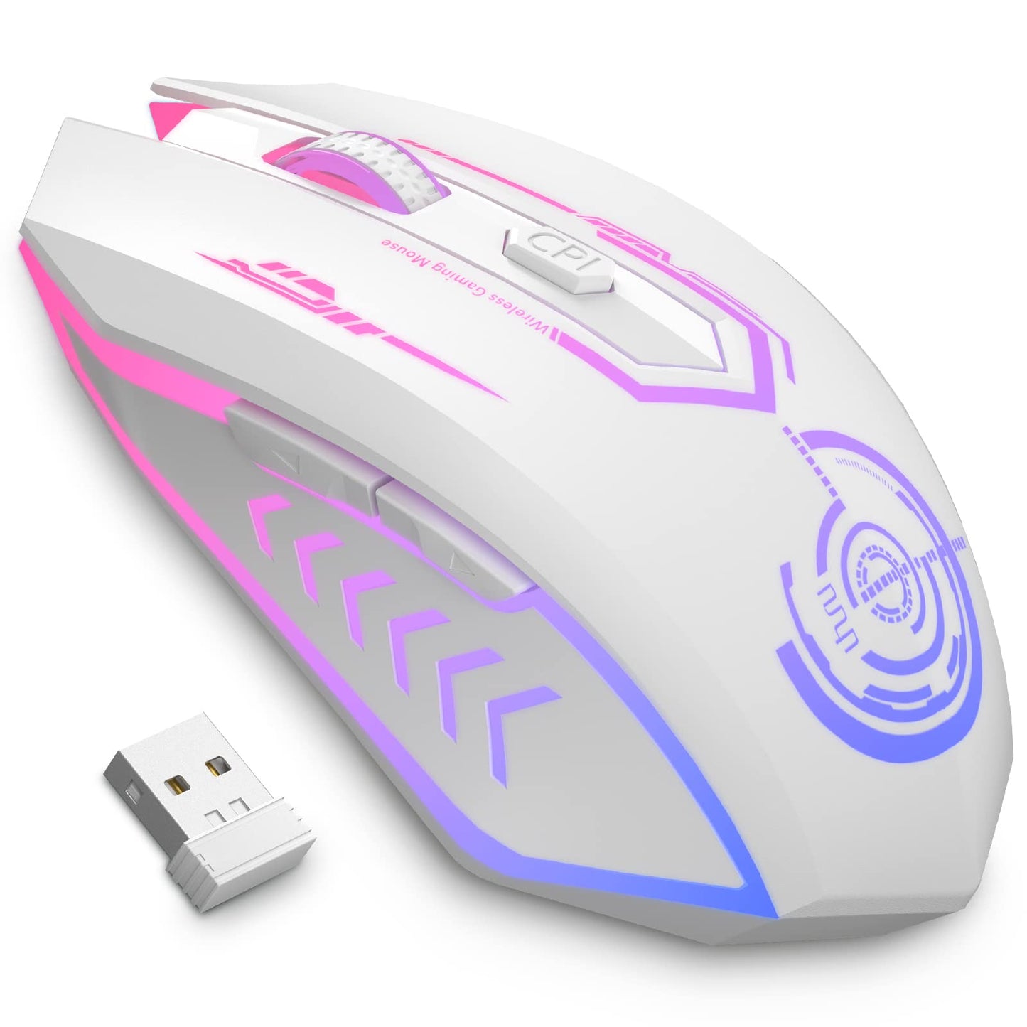 UHURU Wireless Gaming Mouse WM-02, 10000 DPI, 6 Buttons, 7 LED Colors, Rechargeable, White