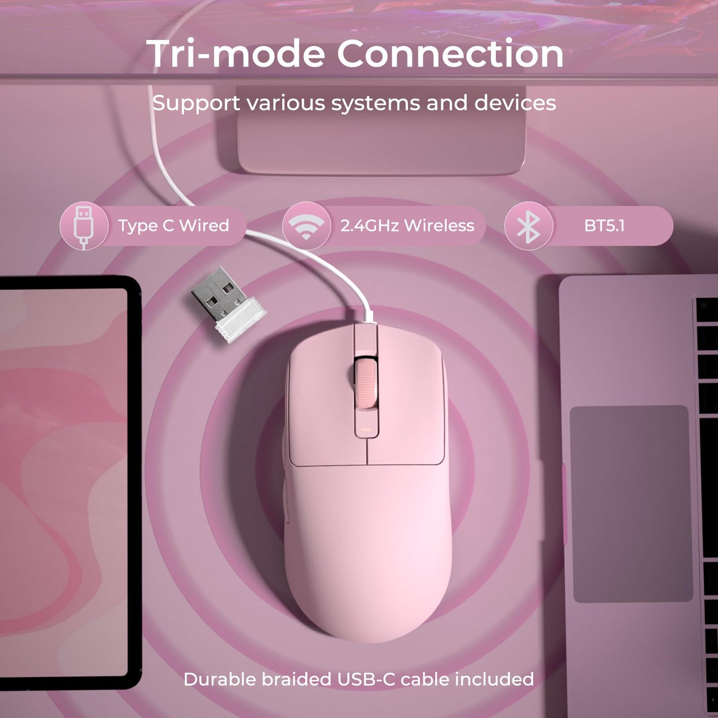 RK ROYAL KLUDGE RK M30 Wireless Gaming Mouse - 24000 DPI, Ultra-Lightweight 43g, Pink, 5 Programmable Buttons, 2.4G/Bluetooth/