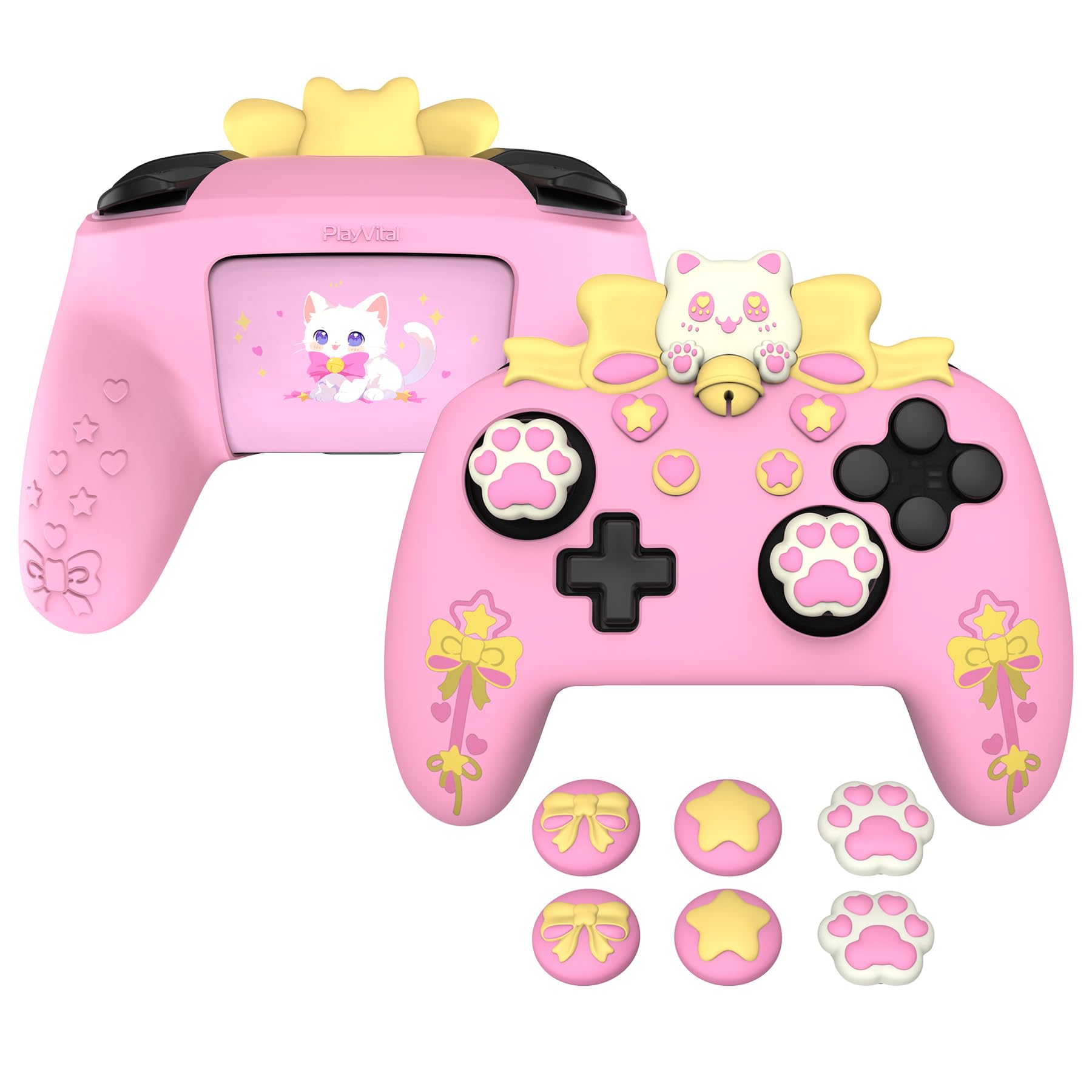 PlayVital Sweetheart Kitty Silicone Skin Compatible with Nintendo Switch Pro Controller Kawaii Anti-Slip Cover  Switch Pro Controller Joystick Grips & Protective Silicone Case - Pink