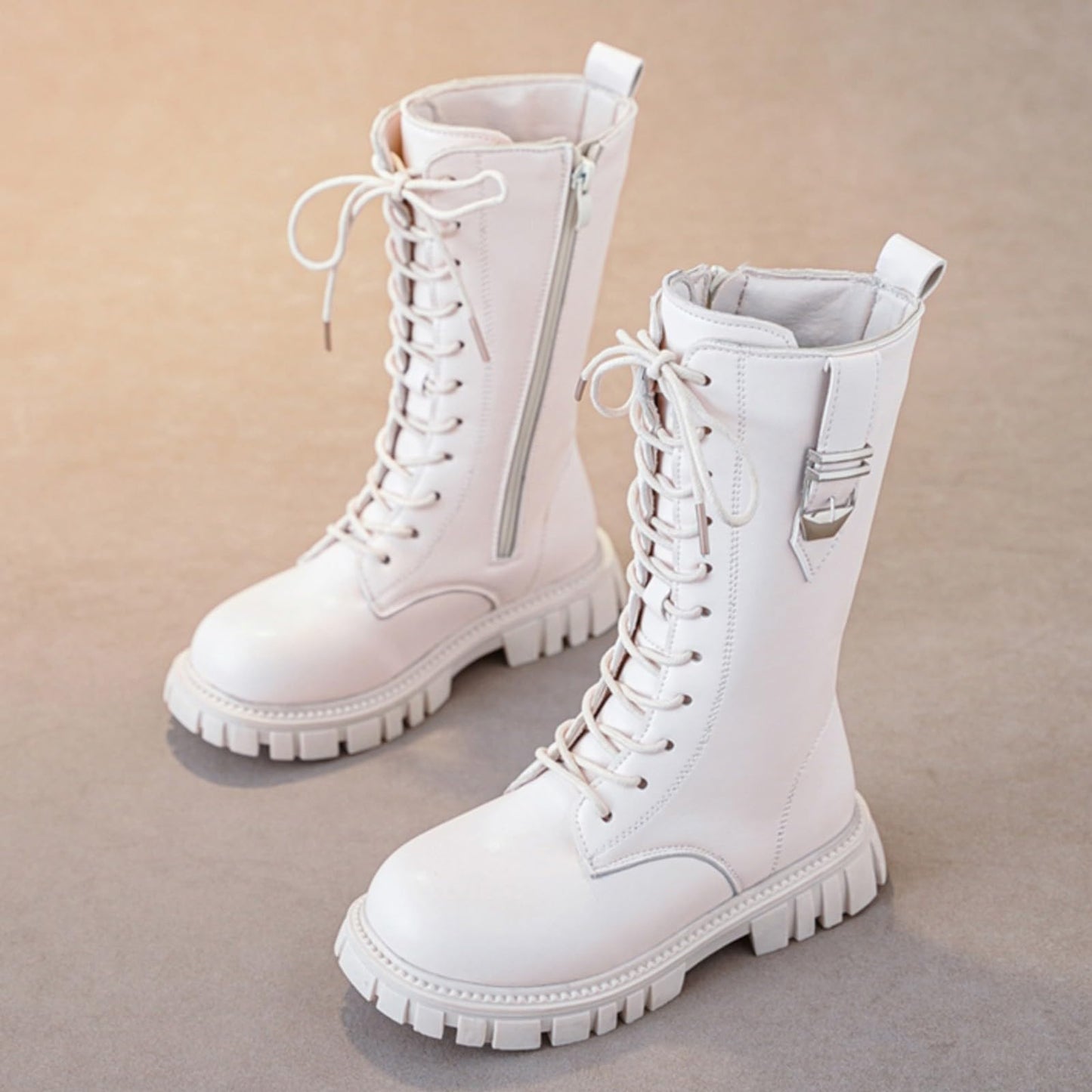 JEUROT Girl's Knee High Combat Boots, Lace Up, Side Zipper, Faux Leather, Non Slip, Chunky Heels, Size 13 Little Kid, White