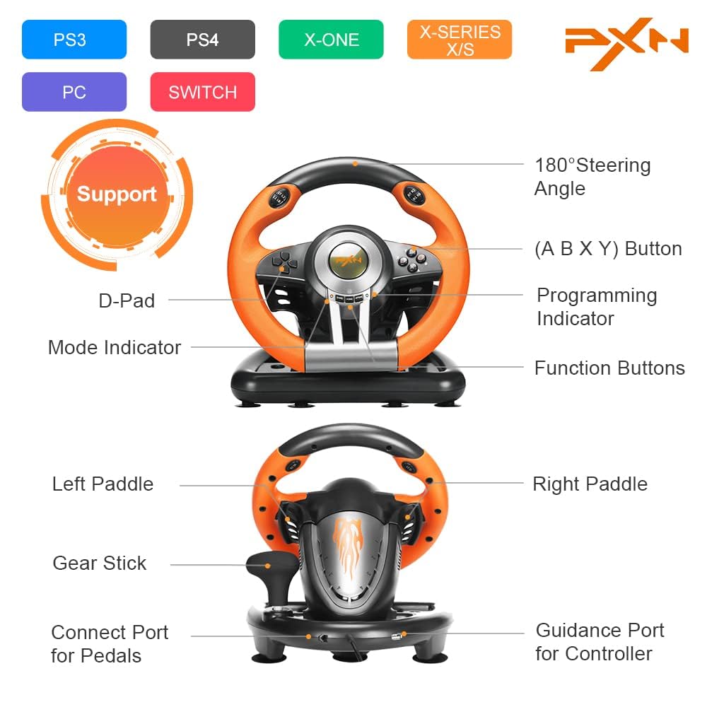 PXN V3II Racing Wheel - 180° USB Steering Wheel with Pedals for Xbox One/PS4/Switch - Orange