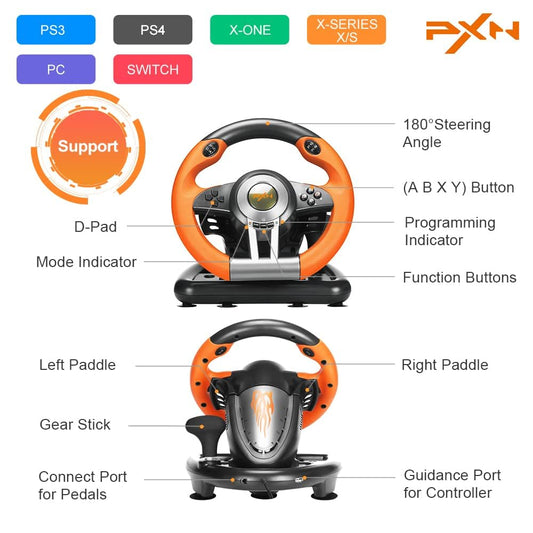 PXN V3II Racing Wheel - 180° USB Steering Wheel with Pedals for Xbox One/PS4/Switch - Orange